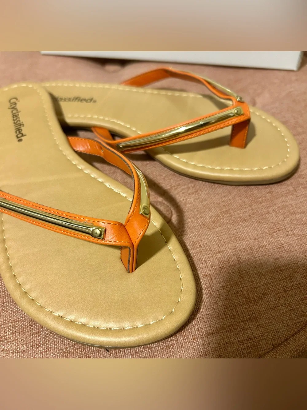 Cityclassified Orange Leather Thong Sandals with Gold Accents